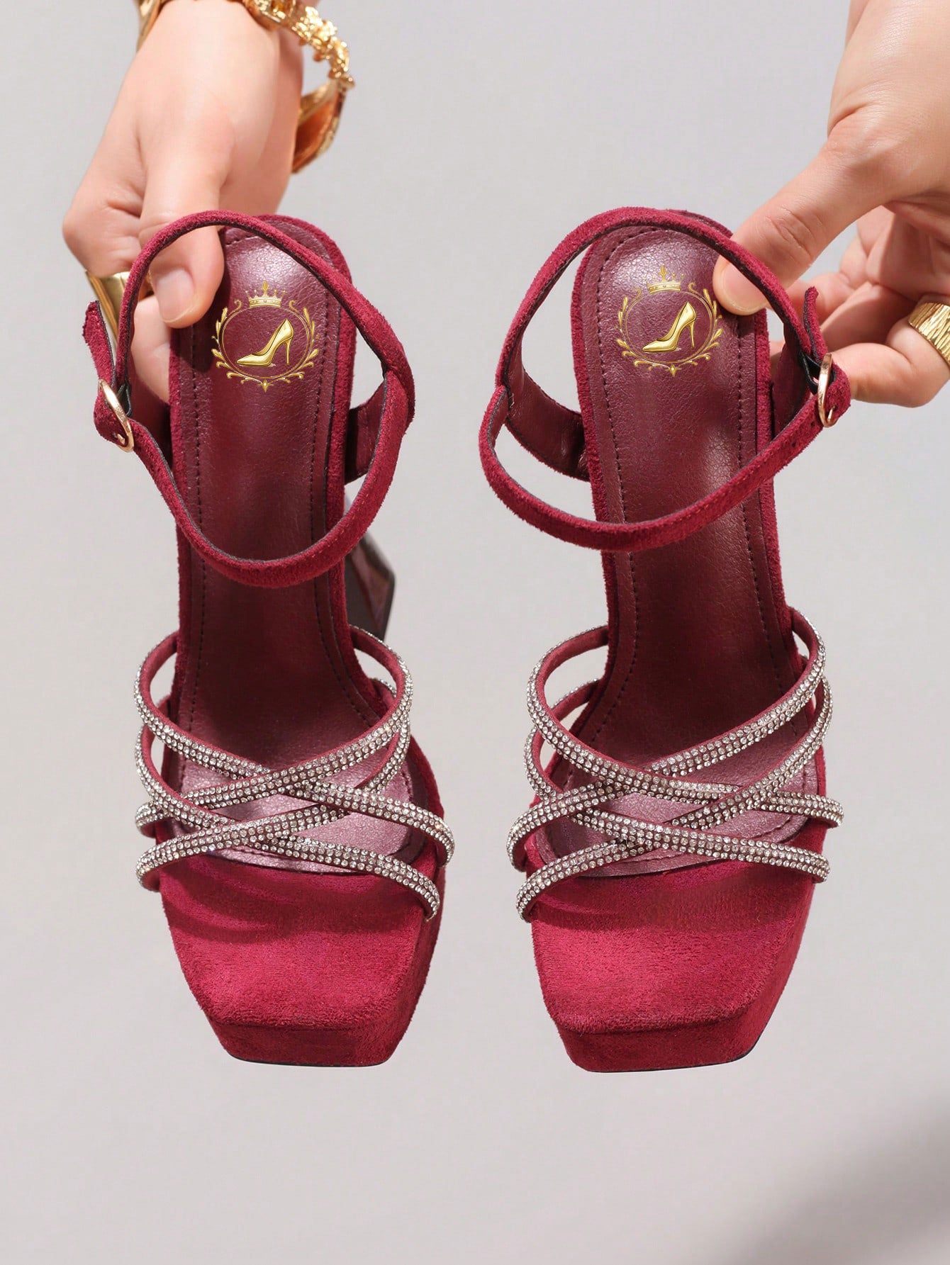 Fashionable Rhinestone High Heel Sandals, Sexy Party Evening Shoes, Open Toe Square Heel Mules, Wine Red High Heels For Women
