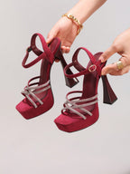 Fashionable Rhinestone High Heel Sandals, Sexy Party Evening Shoes, Open Toe Square Heel Mules, Wine Red High Heels For Women