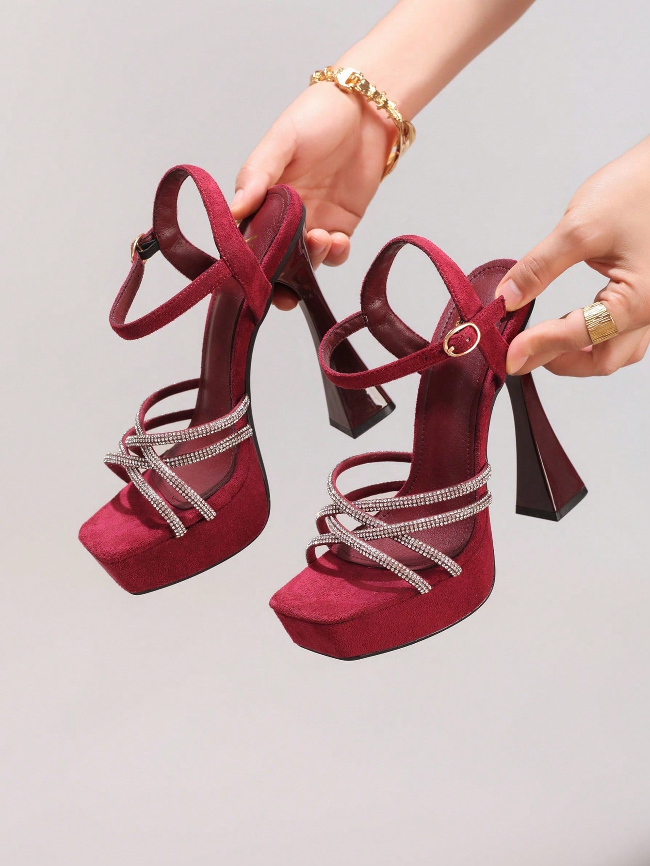 Fashionable Rhinestone High Heel Sandals, Sexy Party Evening Shoes, Open Toe Square Heel Mules, Wine Red High Heels For Women
