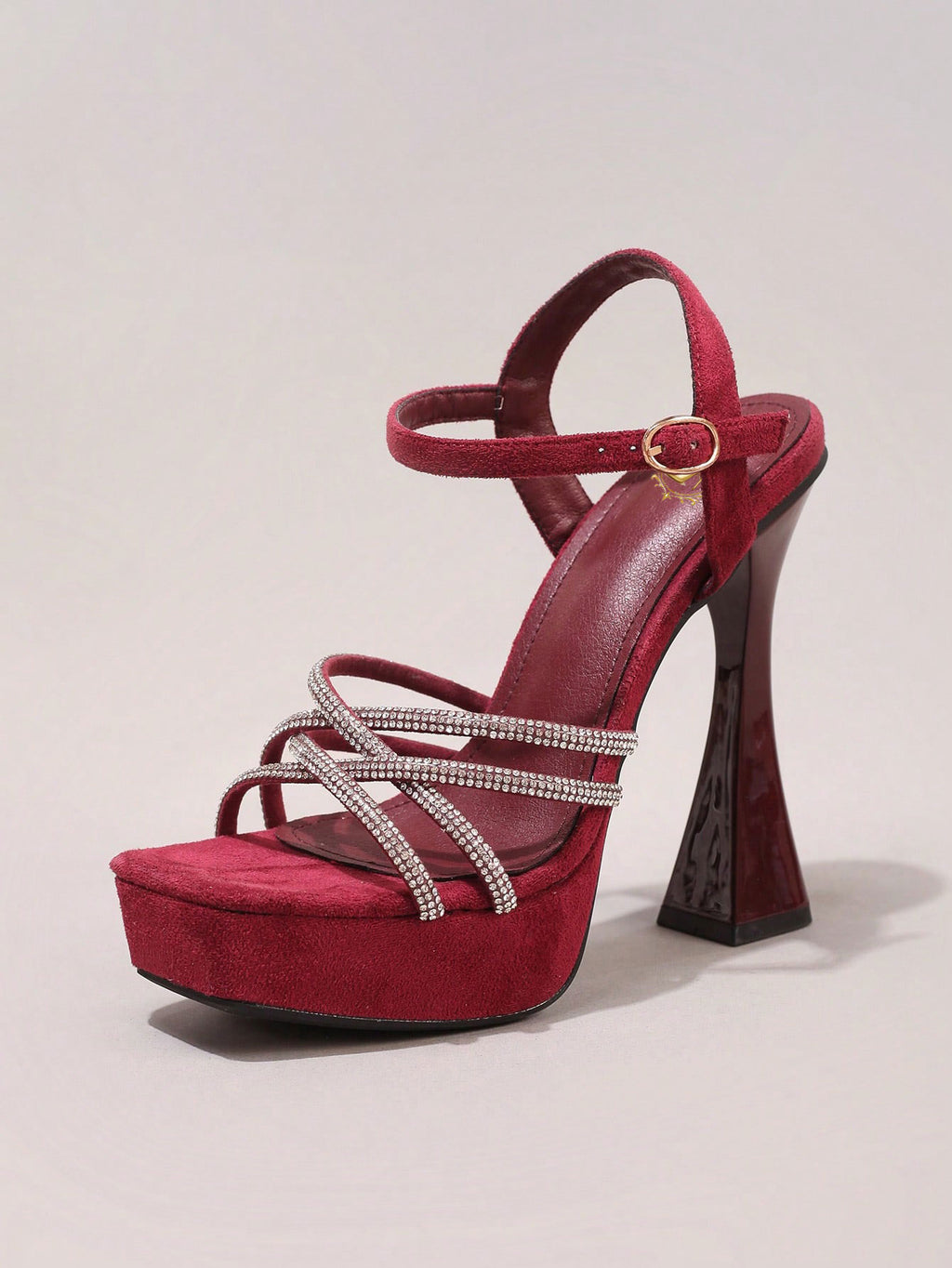 Fashionable Rhinestone High Heel Sandals, Sexy Party Evening Shoes, Open Toe Square Heel Mules, Wine Red High Heels For Women