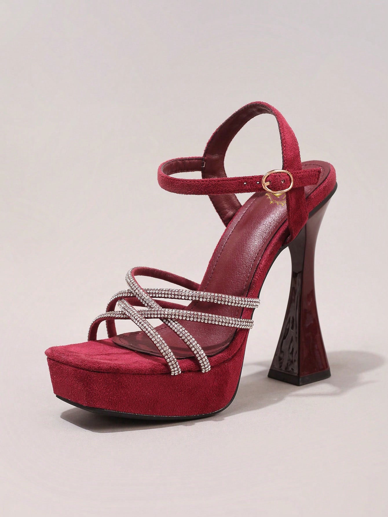 Fashionable Rhinestone High Heel Sandals, Sexy Party Evening Shoes, Open Toe Square Heel Mules, Wine Red High Heels For Women