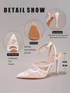 Fashionable Lace Embroidered High Heel Shoes, Sexy Pointed Toe Super High Heels For Banquet & Party, Elegant Ankle Strap Pink High Heels For Women,Summer Shoes