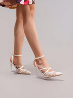 Fashionable Lace Embroidered High Heel Shoes, Sexy Pointed Toe Super High Heels For Banquet & Party, Elegant Ankle Strap Pink High Heels For Women,Summer Shoes