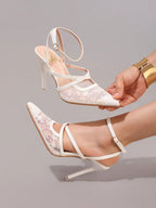Fashionable Lace Embroidered High Heel Shoes, Sexy Pointed Toe Super High Heels For Banquet & Party, Elegant Ankle Strap Pink High Heels For Women,Summer Shoes