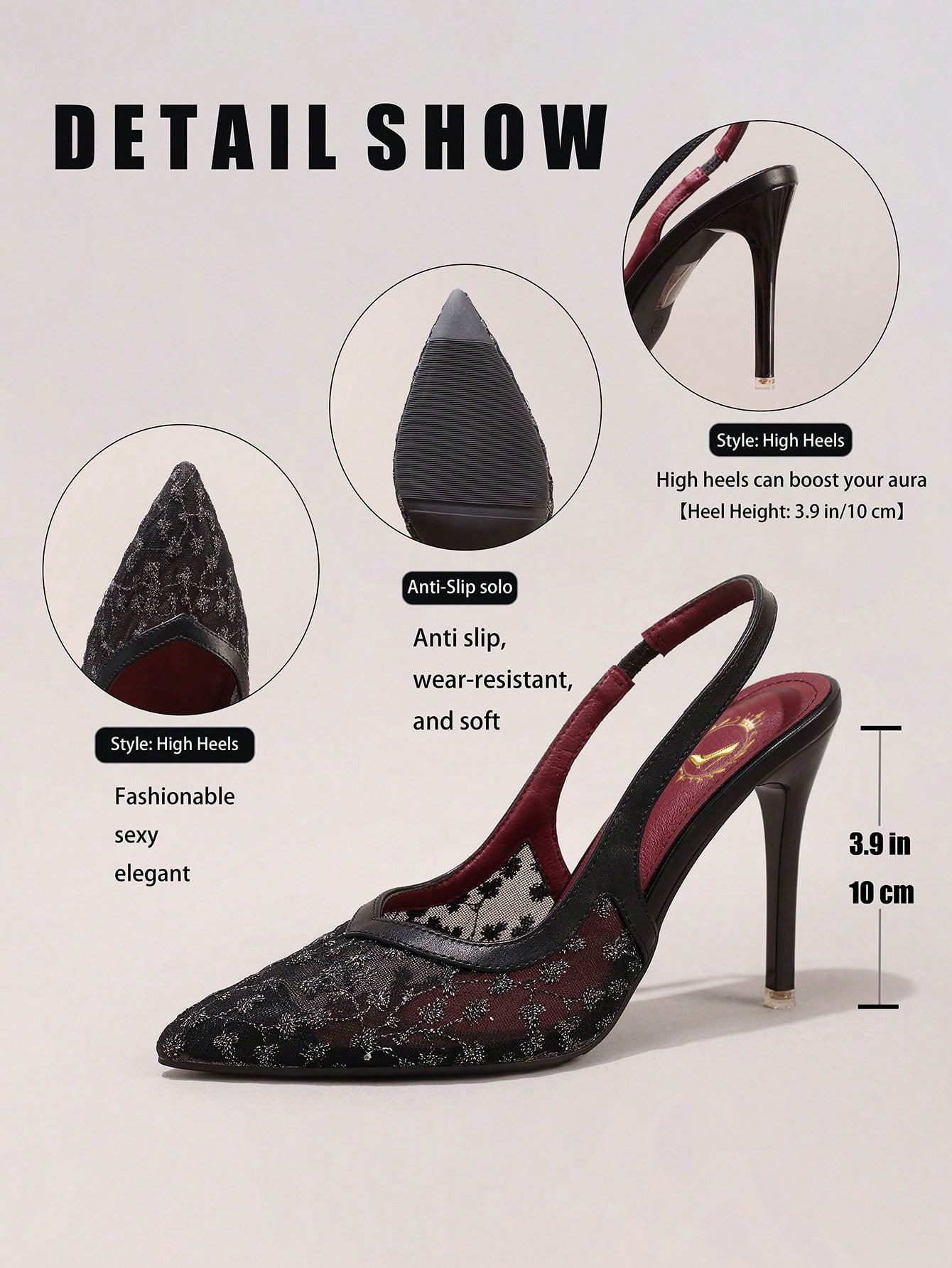 Lace Black High Heels Breathable Sexy Pointed Toe Party Fashion Stilettos
