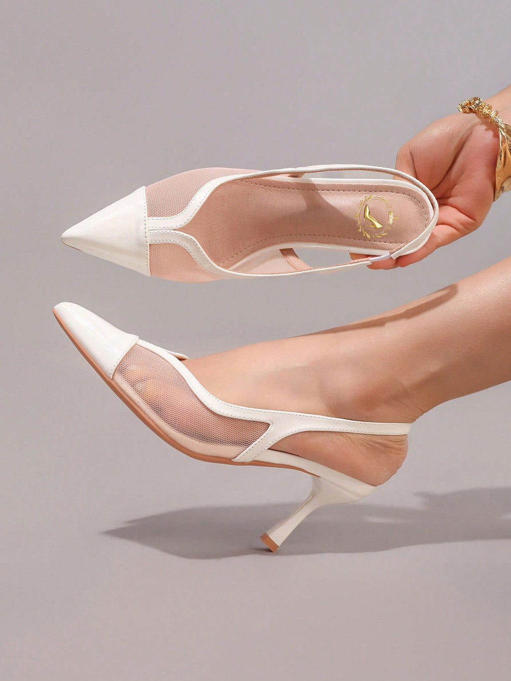 Fashionable Lace Patchwork Champagne High Heel Shoes, Sexy Pointed Toe Party Evening Pumps, Breathable Ankle Strap Sandals For Women, Wedding Outfits