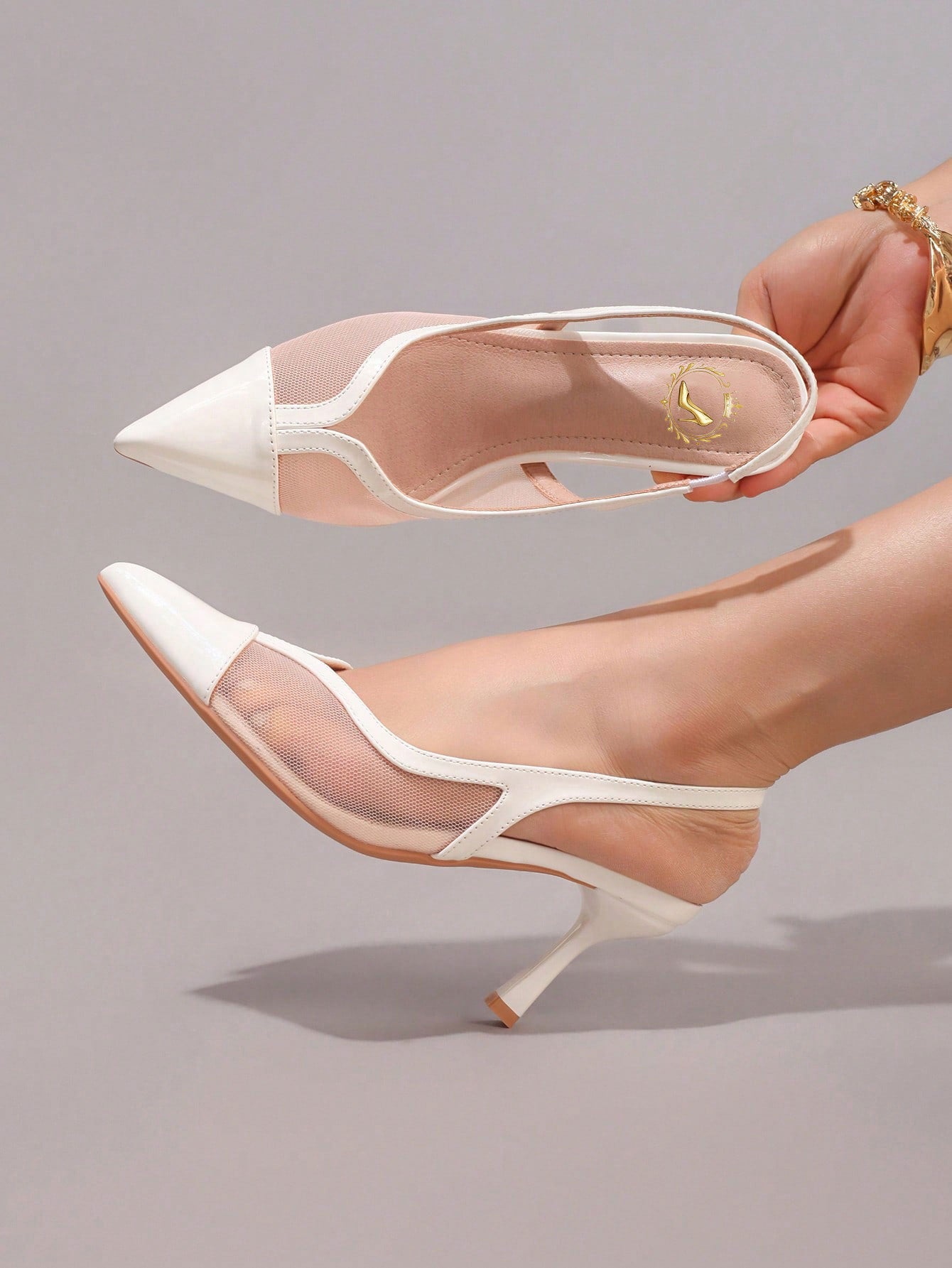 Fashionable Lace Patchwork Champagne High Heel Shoes, Sexy Pointed Toe Party Evening Pumps, Breathable Ankle Strap Sandals For Women, Wedding Outfits