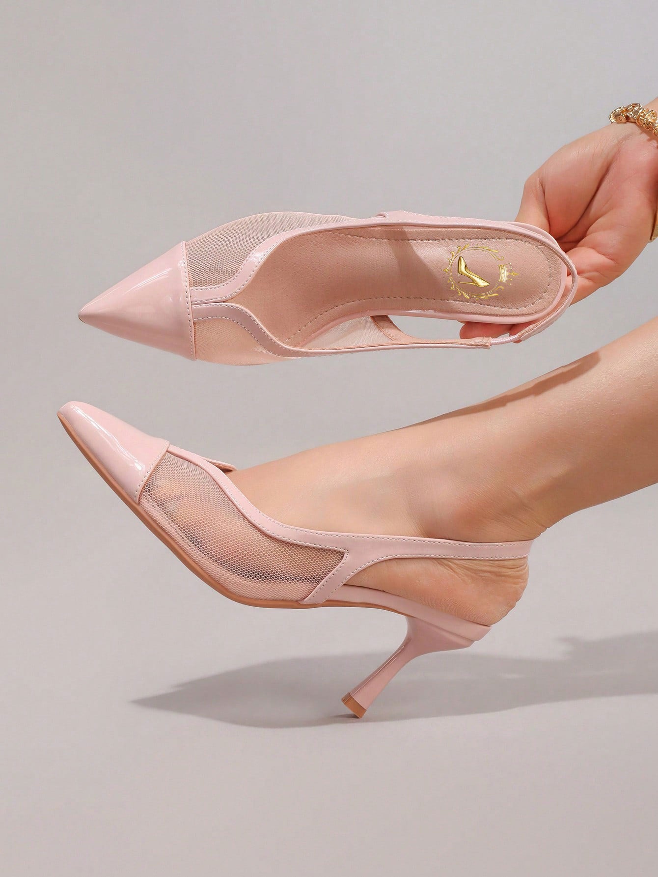 Fashionable Lace Patchwork Champagne High Heel Shoes, Sexy Pointed Toe Party Evening Pumps, Breathable Ankle Strap Sandals For Women, Wedding Outfits