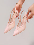 Fashionable Lace Patchwork Champagne High Heel Shoes, Sexy Pointed Toe Party Evening Pumps, Breathable Ankle Strap Sandals For Women, Wedding Outfits