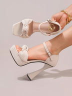 Fashionable High Heel Sandals With Twist Cutout Platform, Sexy Party Evening Peep Toe Square Heel Slide Sandals For Women