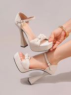 Fashionable High Heel Sandals With Twist Cutout Platform, Sexy Party Evening Peep Toe Square Heel Slide Sandals For Women